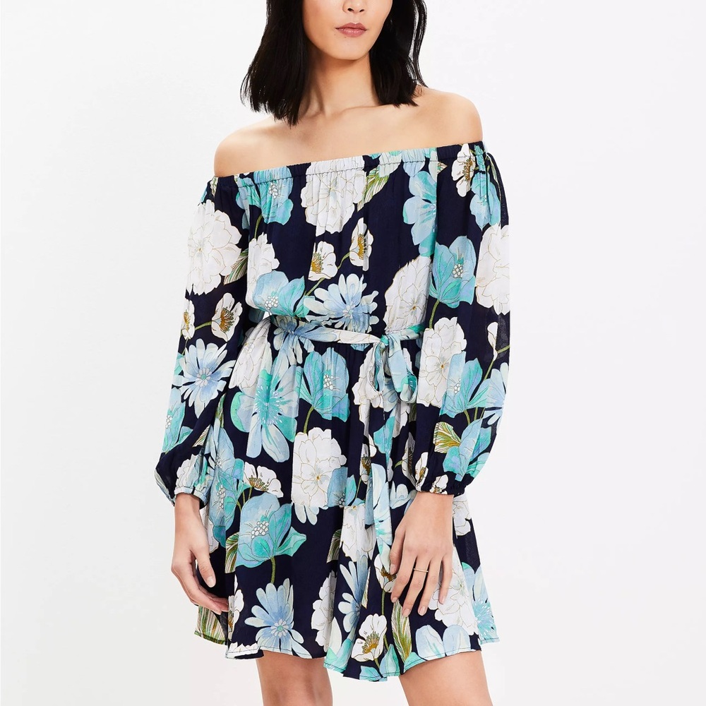 LOFT Blue Floral Off the Shoulder Flounce Mini Dress Size Small